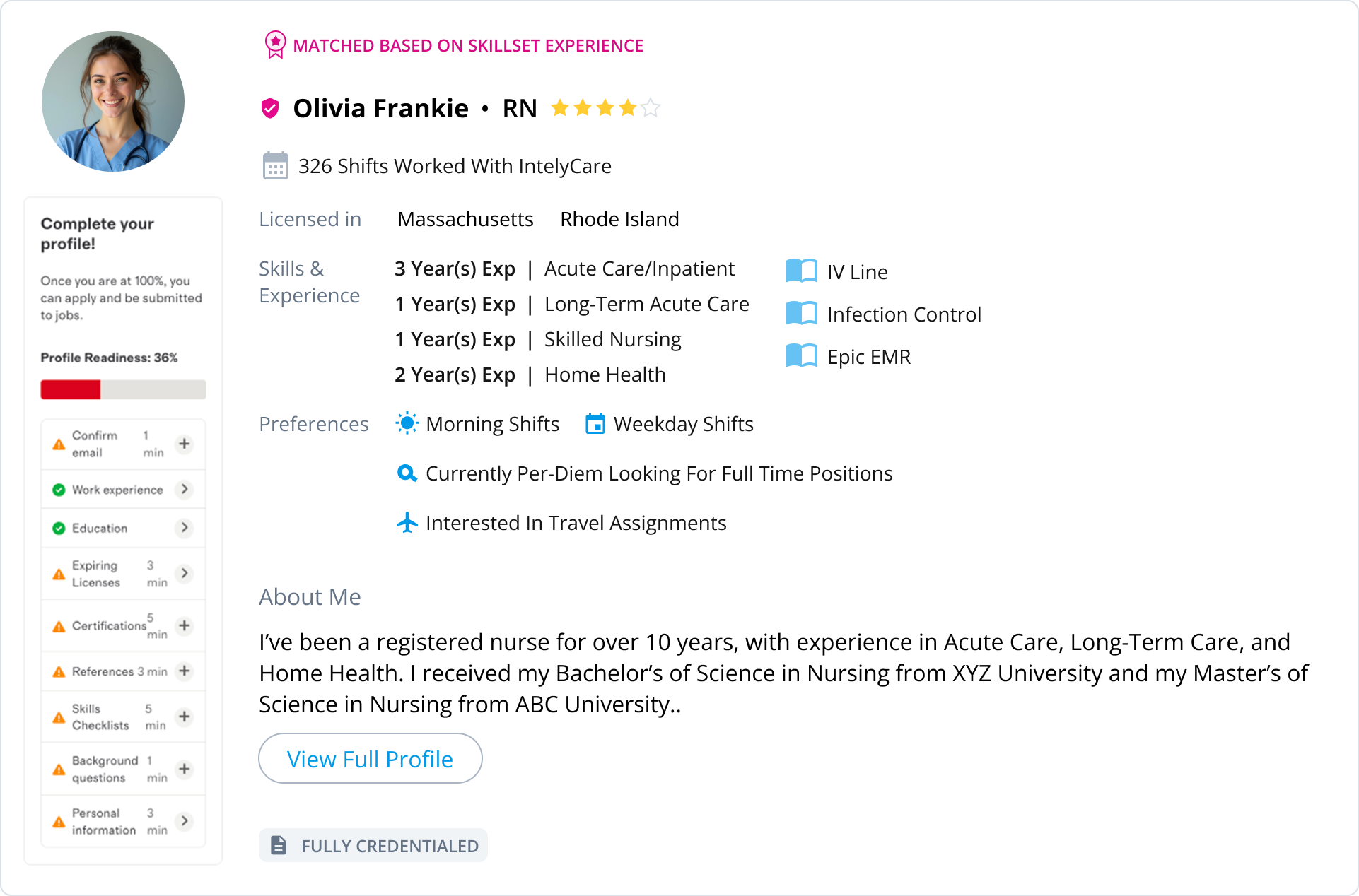 IntelyCare nurse profile interface showing experience and credentials