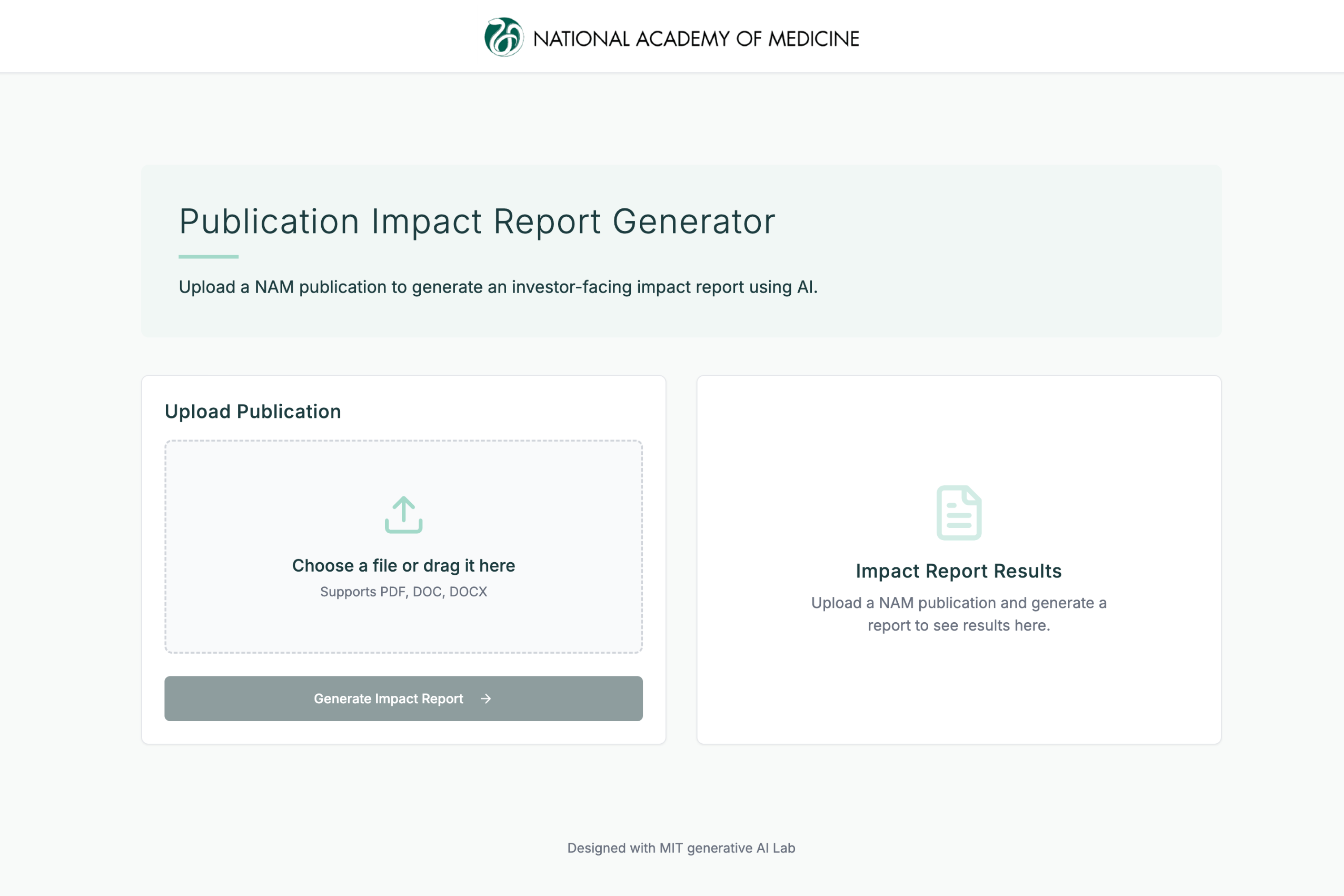 National Academy of Medicine Publication Impact Report Generator interface