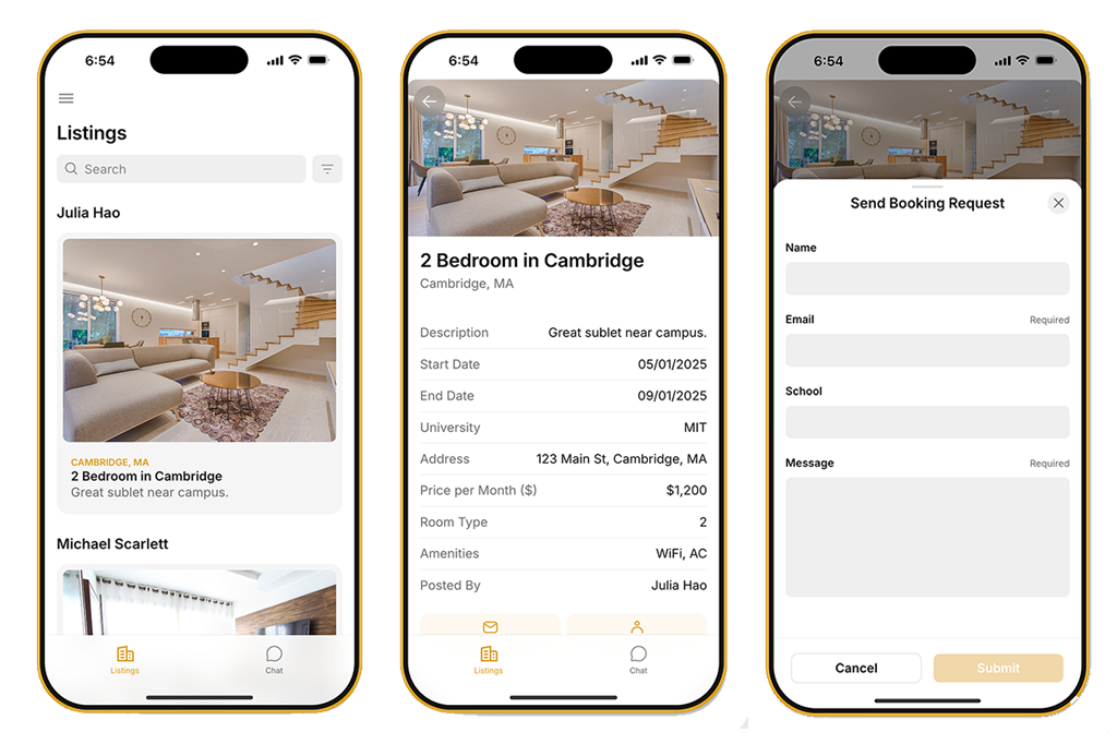 Subled.u mobile app interface showing apartment listings and booking